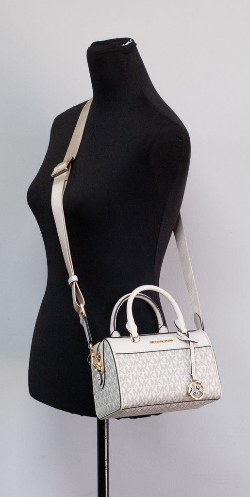 Michael Kors Travel XS Light Cream Signature PVC Duffle Crossbody Handbag